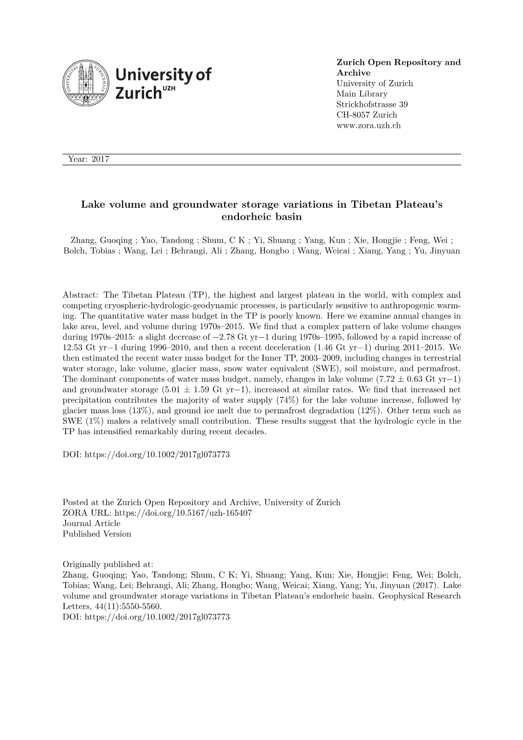 Lake Volume and Groundwater Storage Variations in Tibetan Plateau’S Endorheic Basin