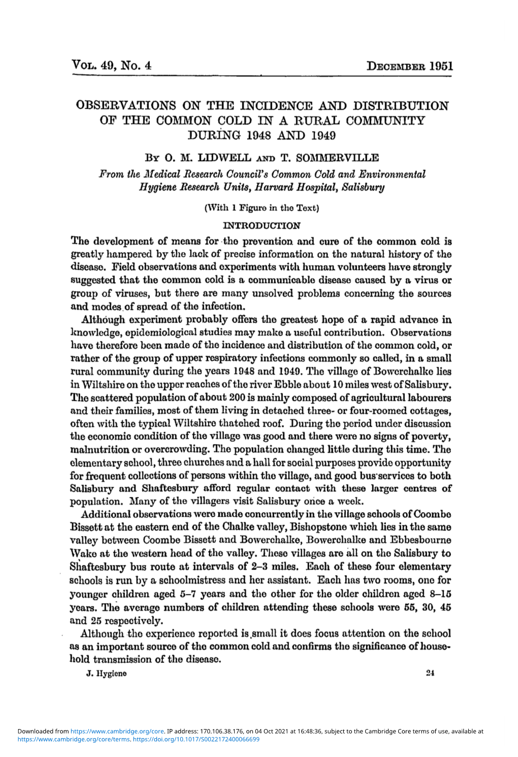 Observations on the Incidence and Distribution of the Common Cold in a Rural Community During 1948 and 1949 by 0