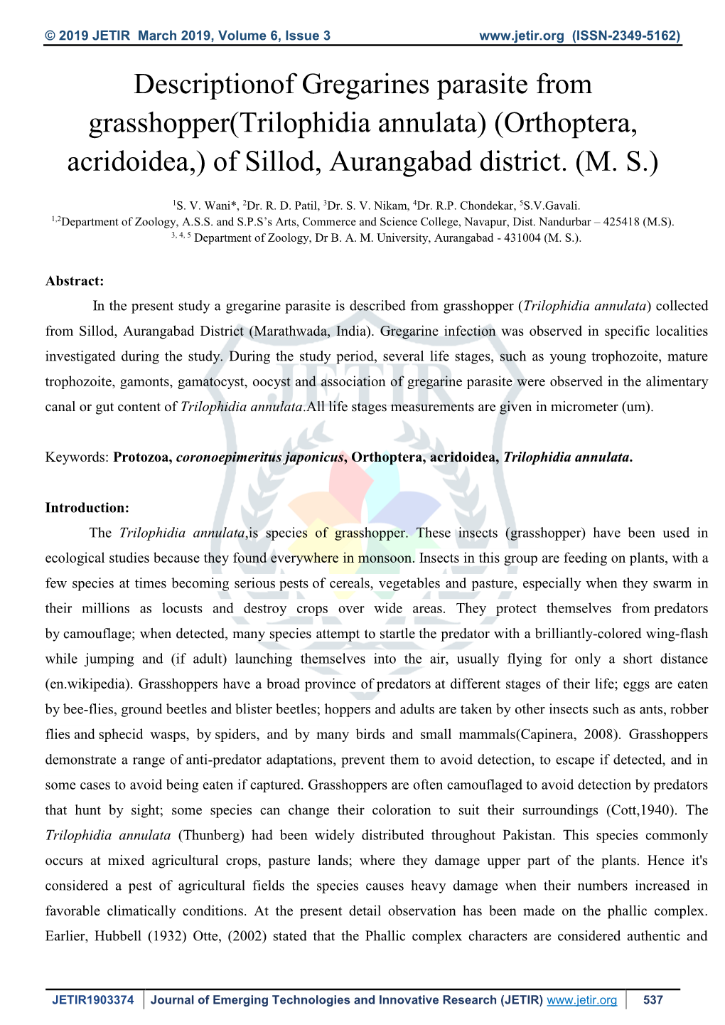 Descriptionof Gregarines Parasite from Grasshopper(Trilophidia Annulata) (Orthoptera, Acridoidea,) of Sillod, Aurangabad District