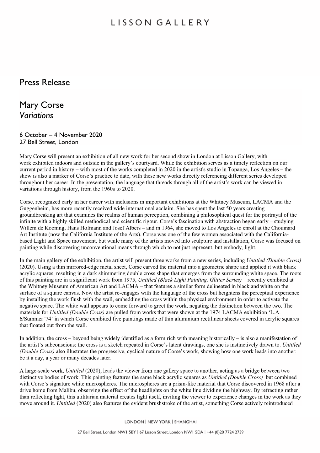 Press Release Mary Corse Variations