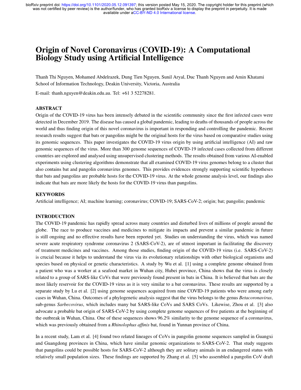 Origin of Novel Coronavirus (COVID-19): a Computational Biology Study Using Artiﬁcial Intelligence