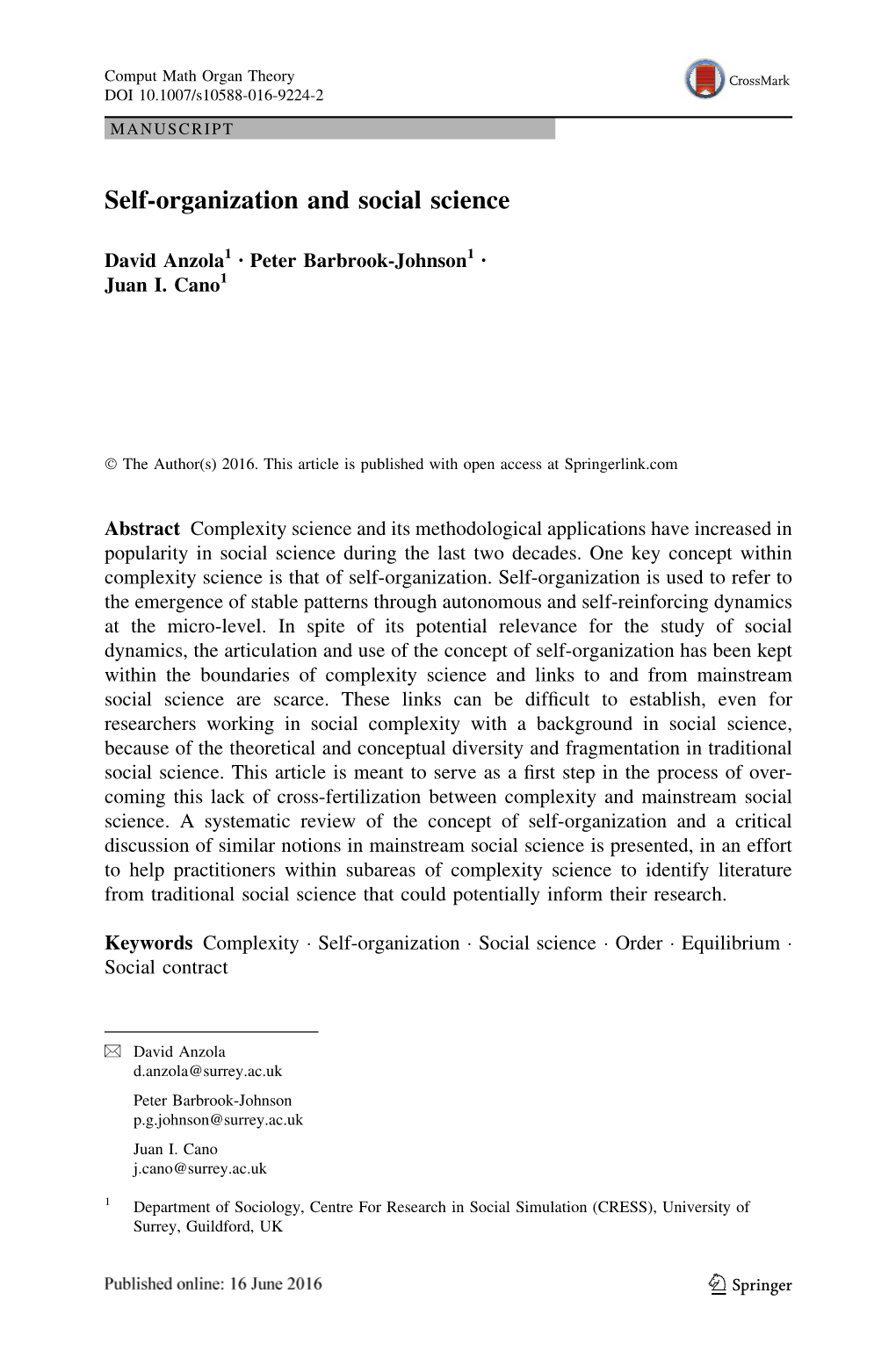 Self-Organization and Social Science