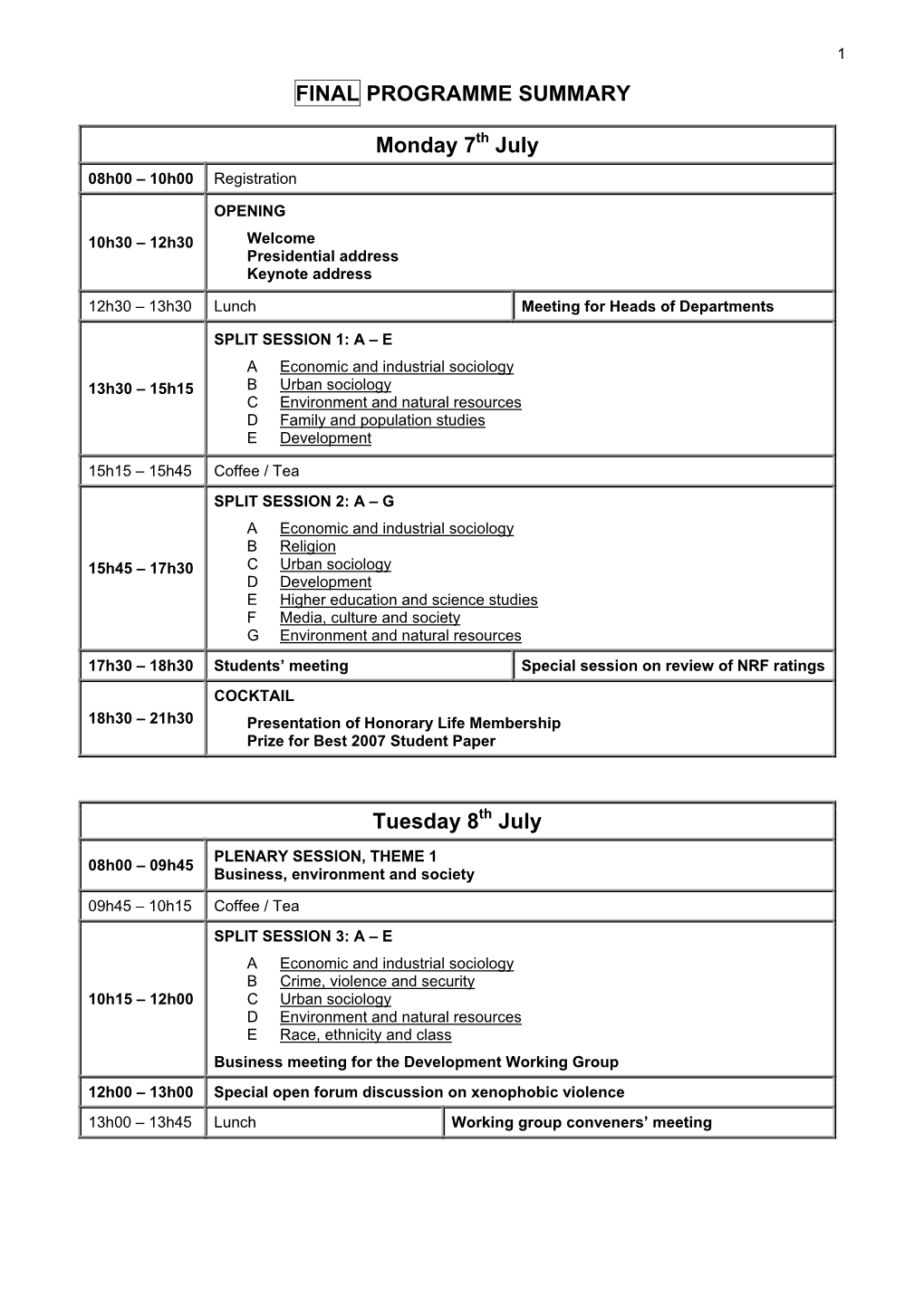 FINAL PROGRAMME SUMMARY Monday 7 July Tuesday 8 July