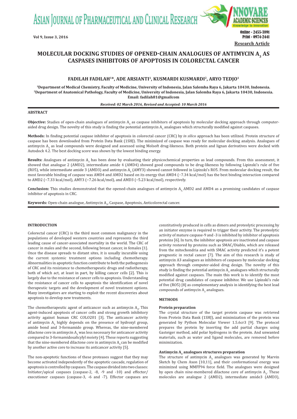 Molecular Docking Studies of Opened-Chain Analogues of Antimycin A3 As Caspases Inhibitors of Apoptosis in Colorectal Cancer