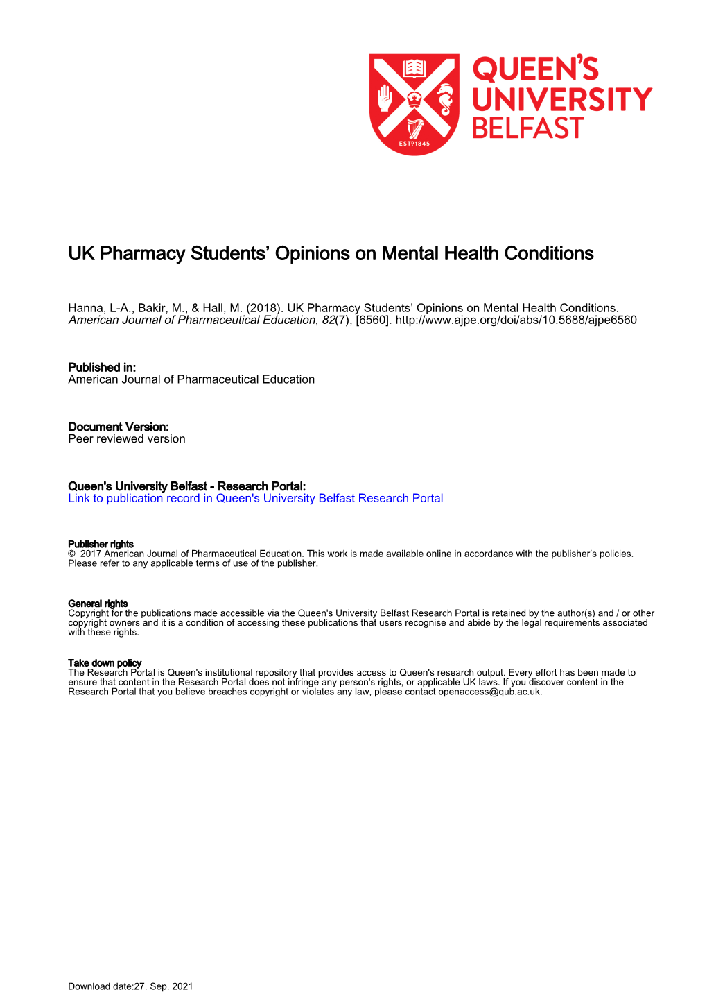 UK Pharmacy Students' Opinions on Mental Health Conditions