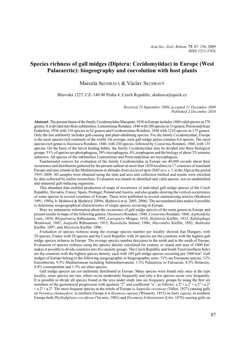 Species Richness of Gall Midges (Diptera: Cecidomyiidae) in Europe (West Palaearctic): Biogeography and Coevolution with Host Plants