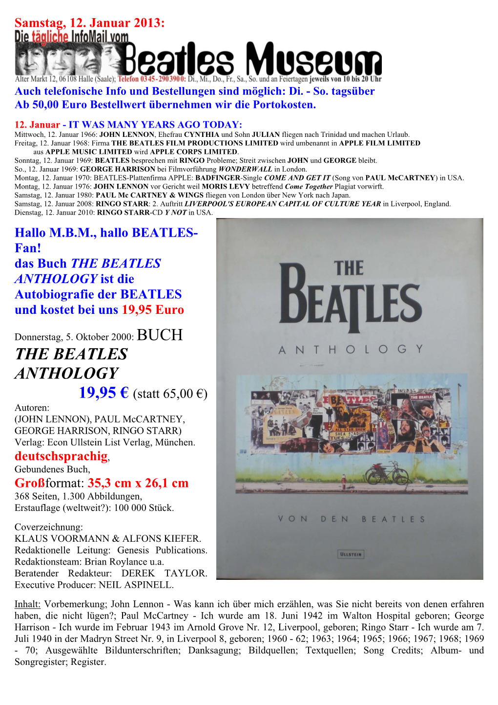 THE BEATLES ANTHOLOGY Ist Die Autobiografie Der BEATLES Und Kostet Bei Uns 19,95 Euro