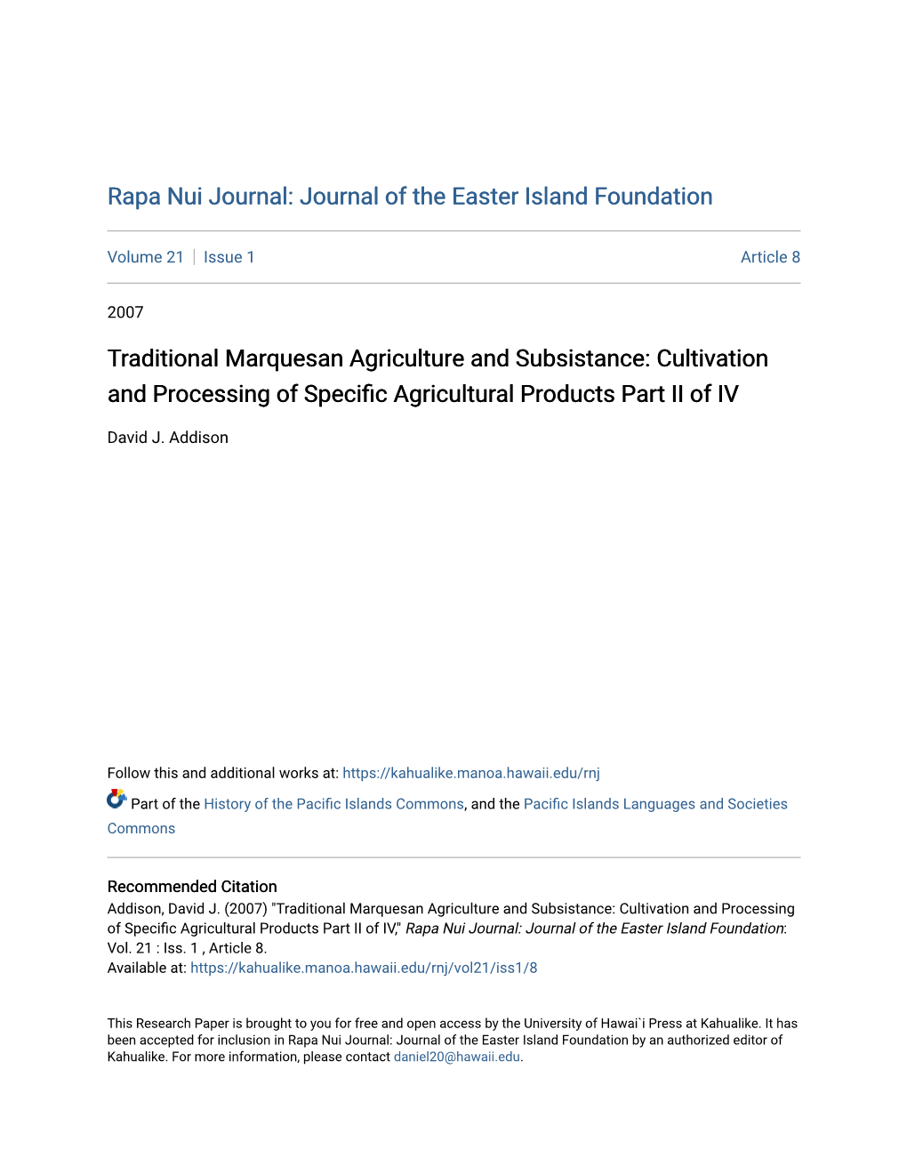 Traditional Marquesan Agriculture and Subsistance: Cultivation and Processing of Specific Agricultural Products Part II of IV