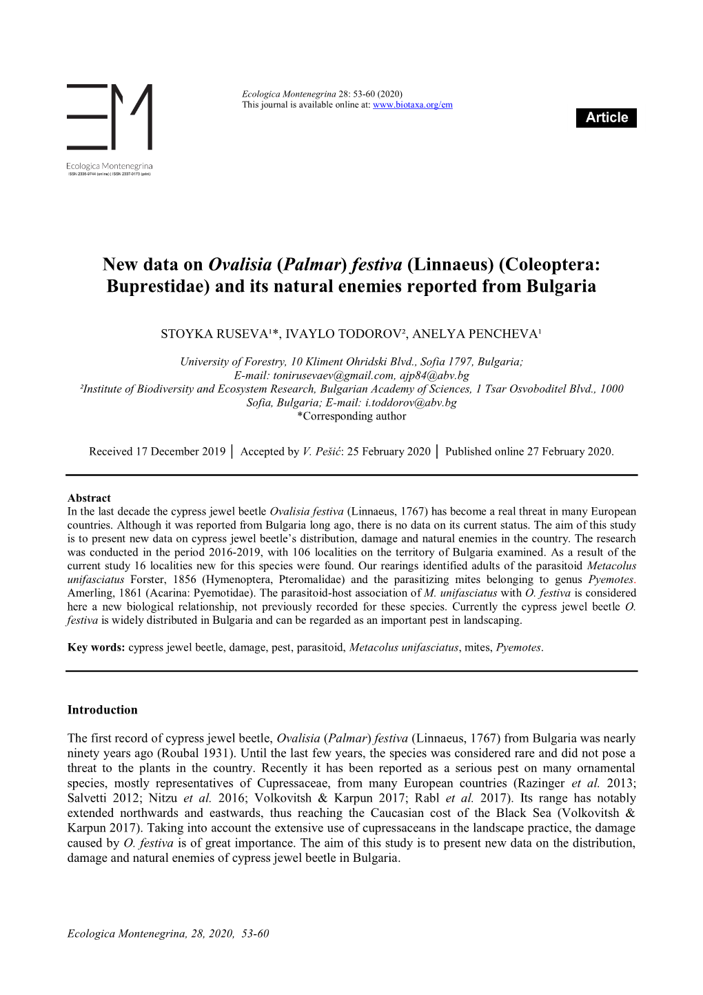 New Data on Ovalisia (Palmar) Festiva (Linnaeus) (Coleoptera: Buprestidae) and Its Natural Enemies Reported from Bulgaria