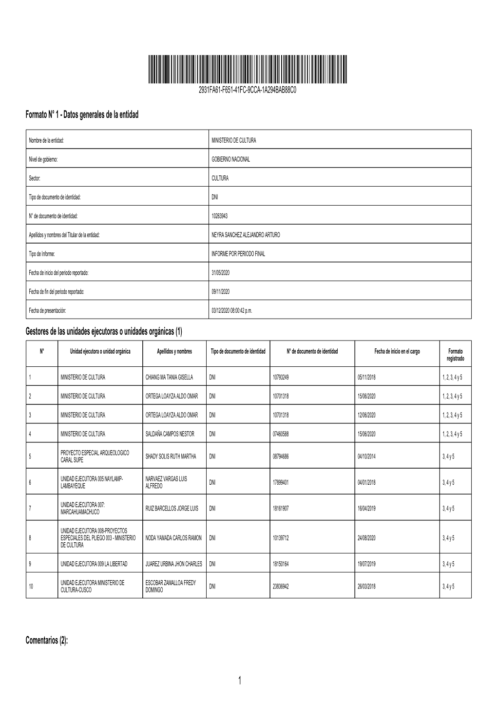 Formato N° 1 - Datos Generales De La Entidad