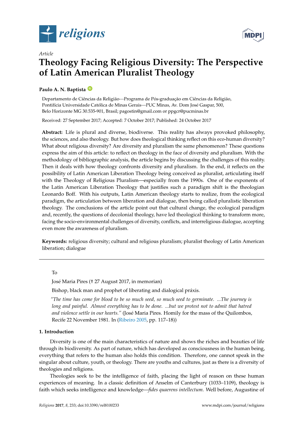 Theology Facing Religious Diversity: the Perspective of Latin American Pluralist Theology