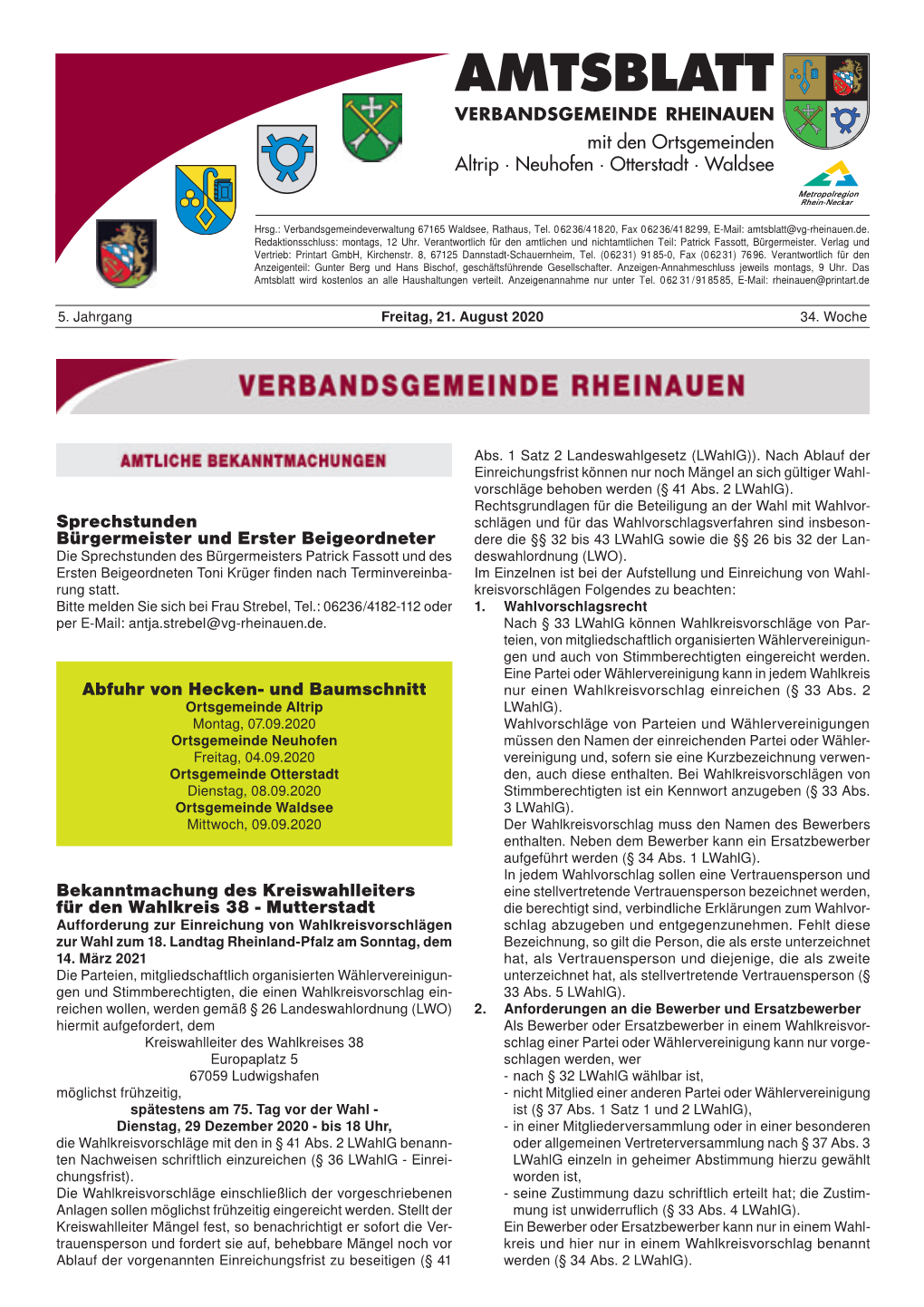 Amtsblatt Verbandsgemeinde Rheinauen Mit Den Ortsgemeinden Wir Unterstützen Die Altrip · Neuhofen · Otterstadt · Waldsee