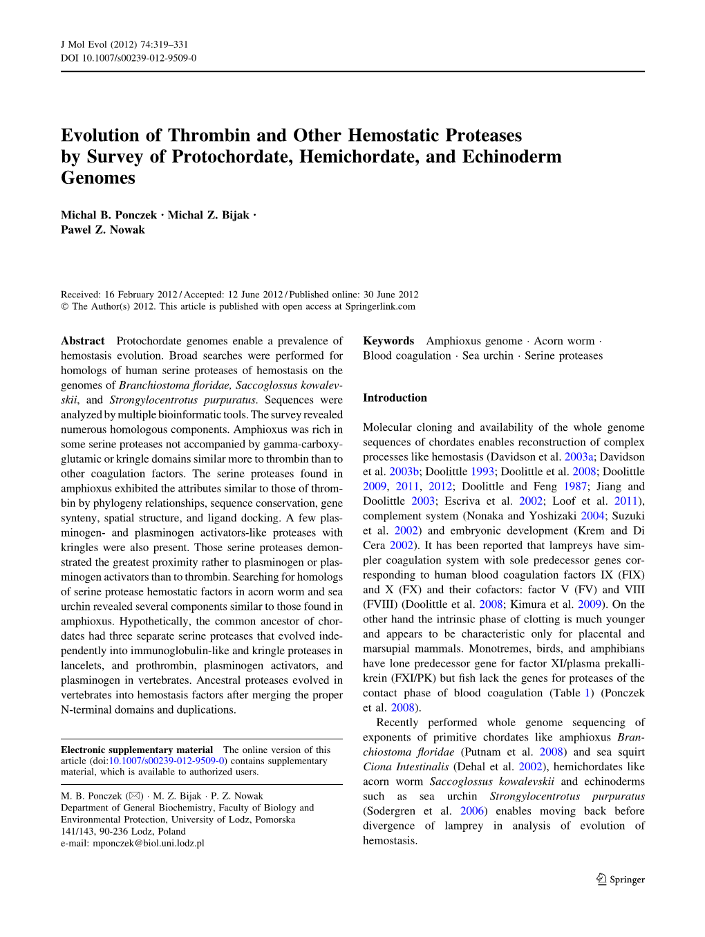 Evolution of Thrombin and Other Hemostatic Proteases by Survey of Protochordate, Hemichordate, and Echinoderm Genomes