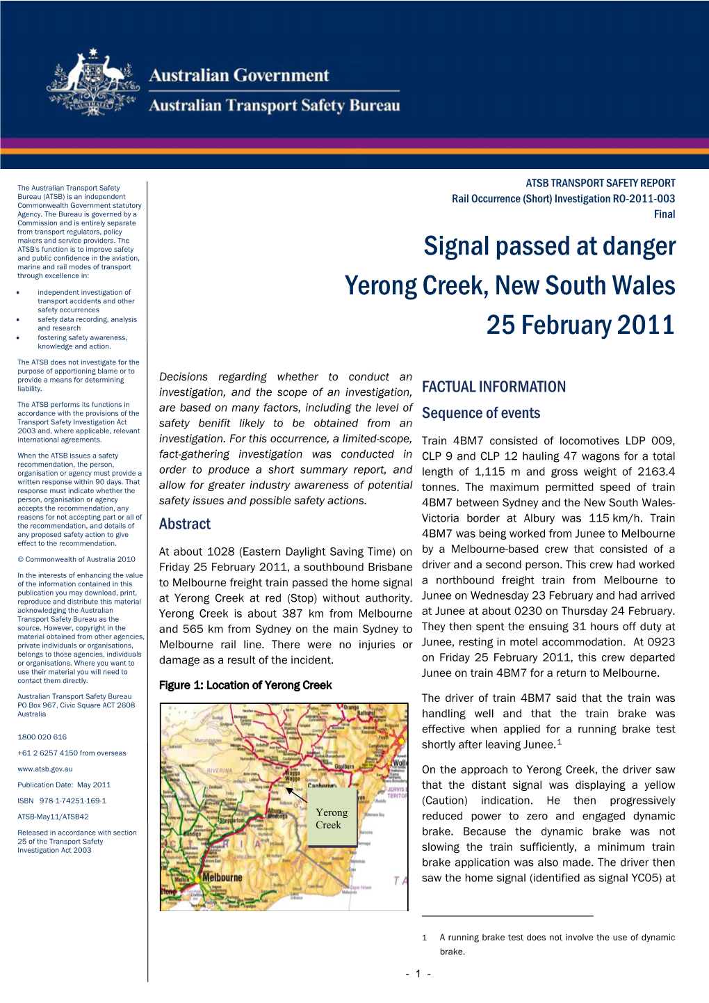 Signal Passed at Danger Yerong Creek, New South Wales, 25 February 2011