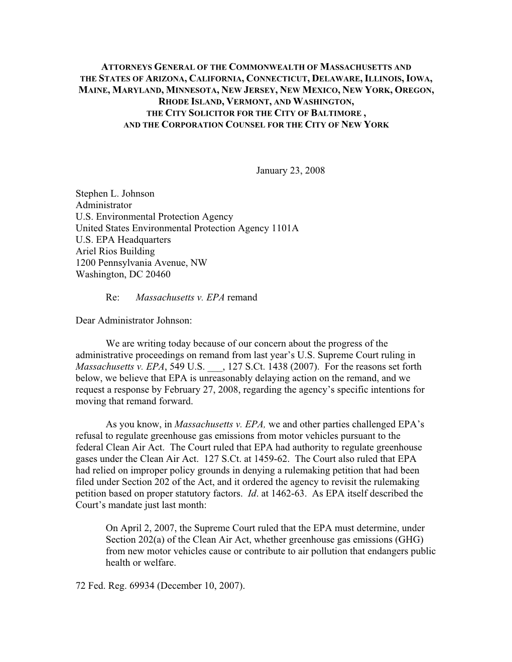 View Letter to EPA on Regulation of Greenhouse Gases