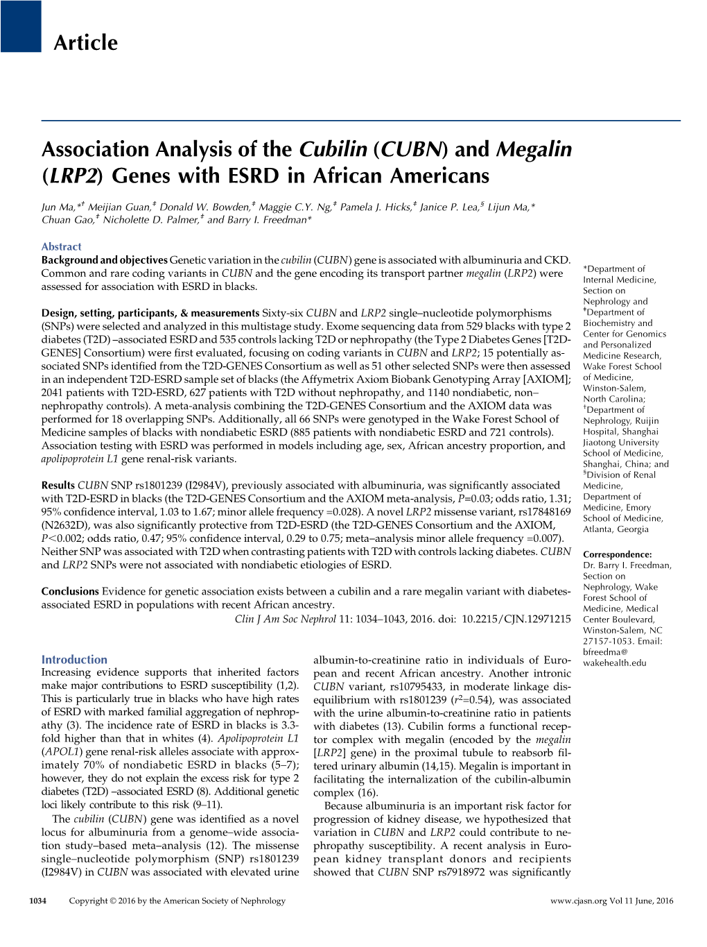 Association Analysis of the Cubilin (CUBN) and Megalin (LRP2) Genes with ESRD in African Americans