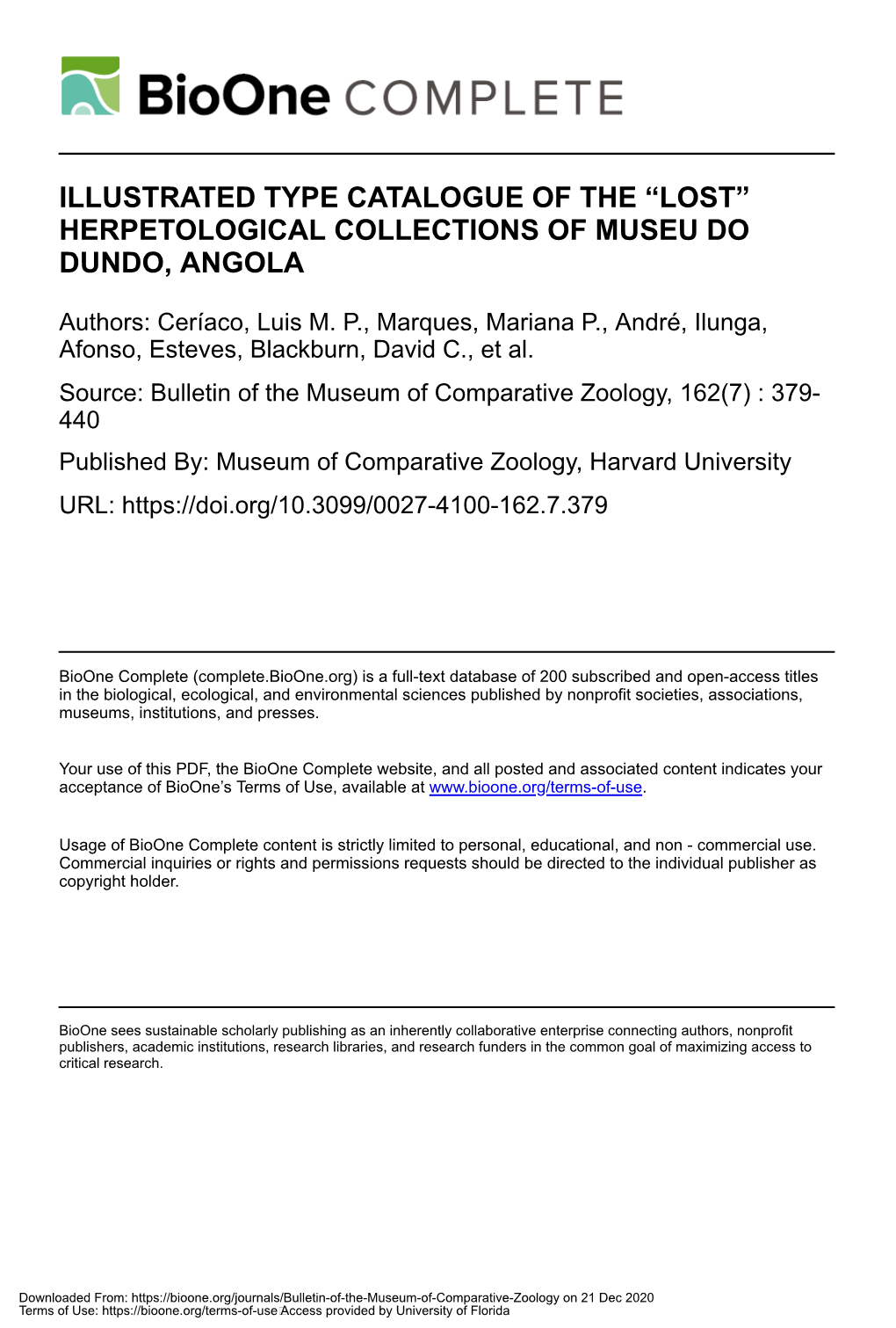 Illustrated Type Catalogue of the “Lost” Herpetological Collections of Museu Do Dundo, Angola