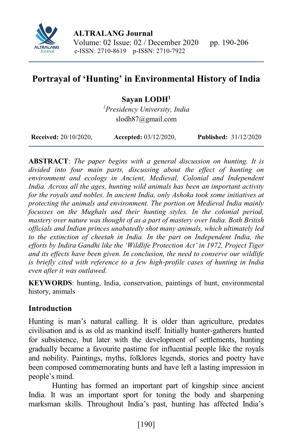 Hunting’ in Environmental History of India