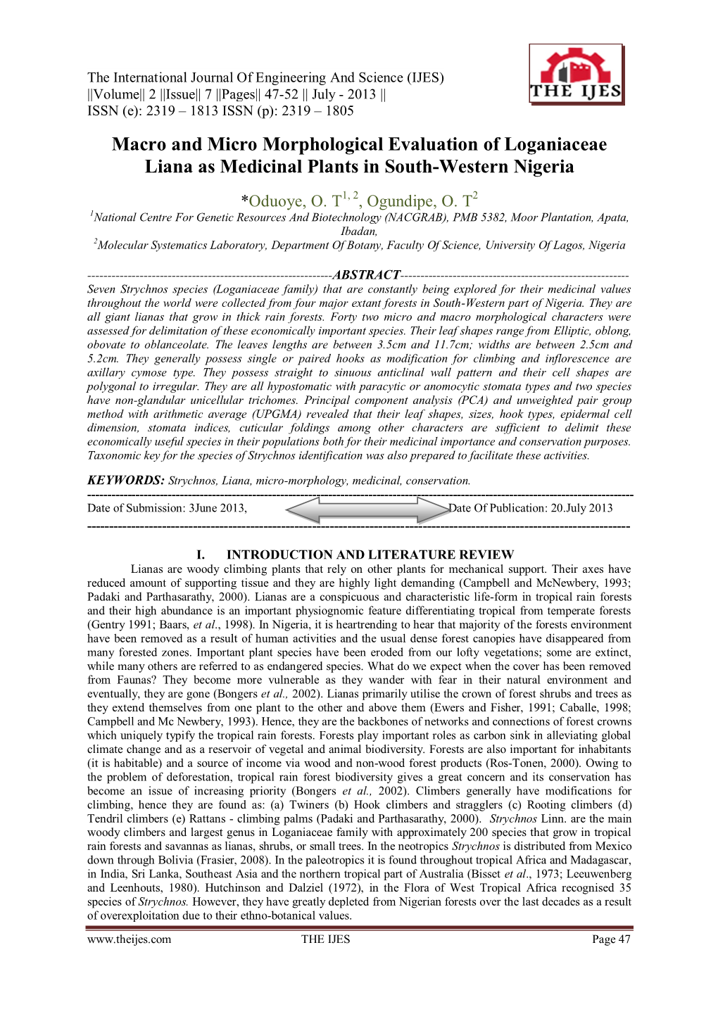 Macro and Micro Morphological Evaluation of Loganiaceae Liana As Medicinal Plants in South-Western Nigeria