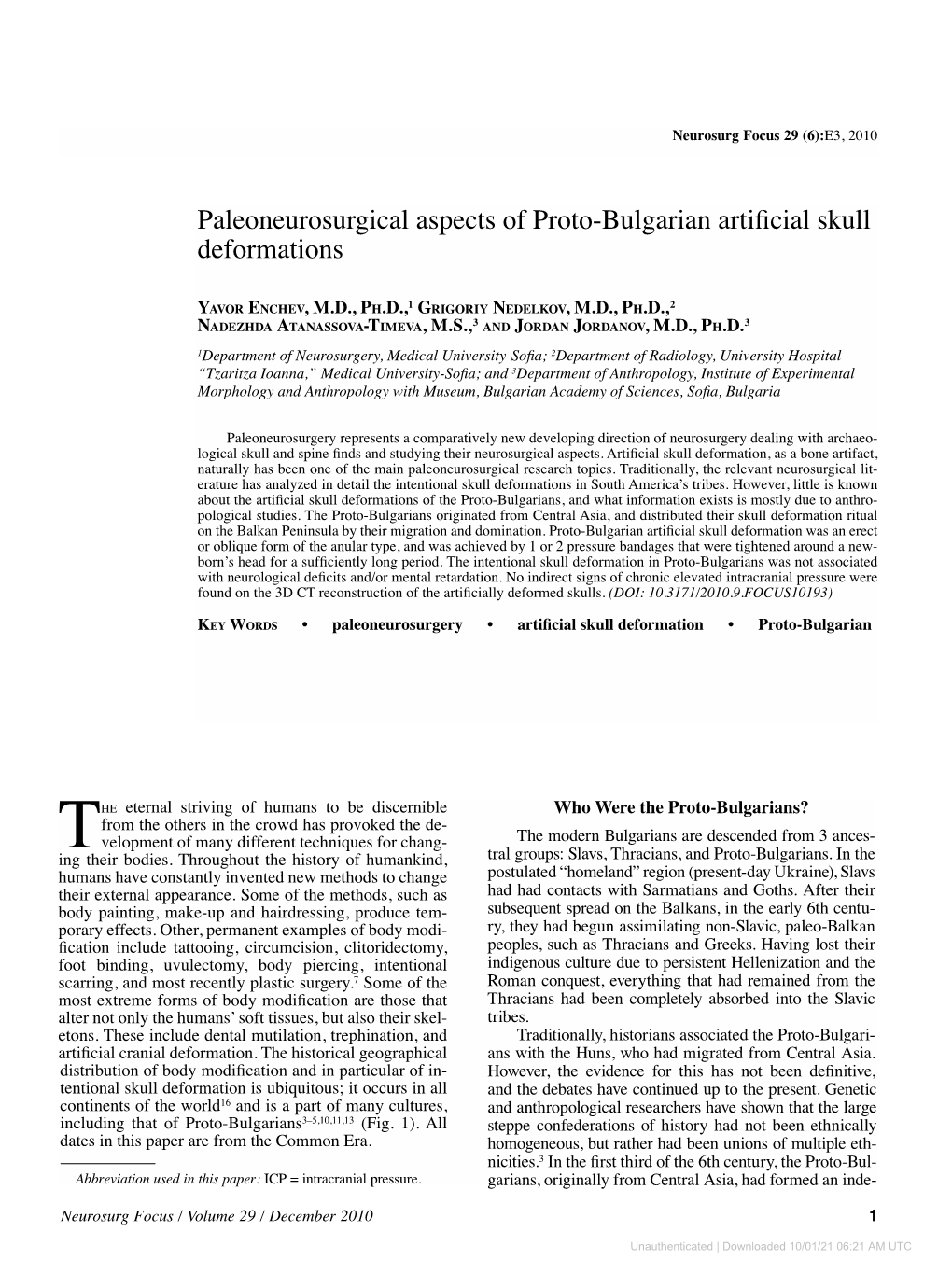 Paleoneurosurgical Aspects of Proto-Bulgarian Artificial Skull Deformations