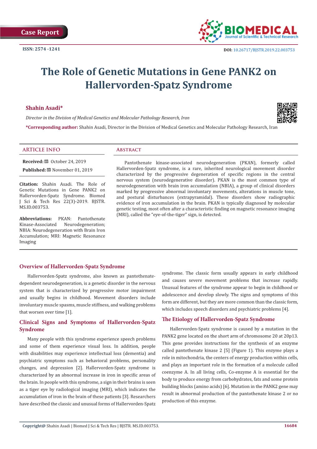 The Role of Genetic Mutations in Gene PANK2 on Hallervorden-Spatz Syndrome