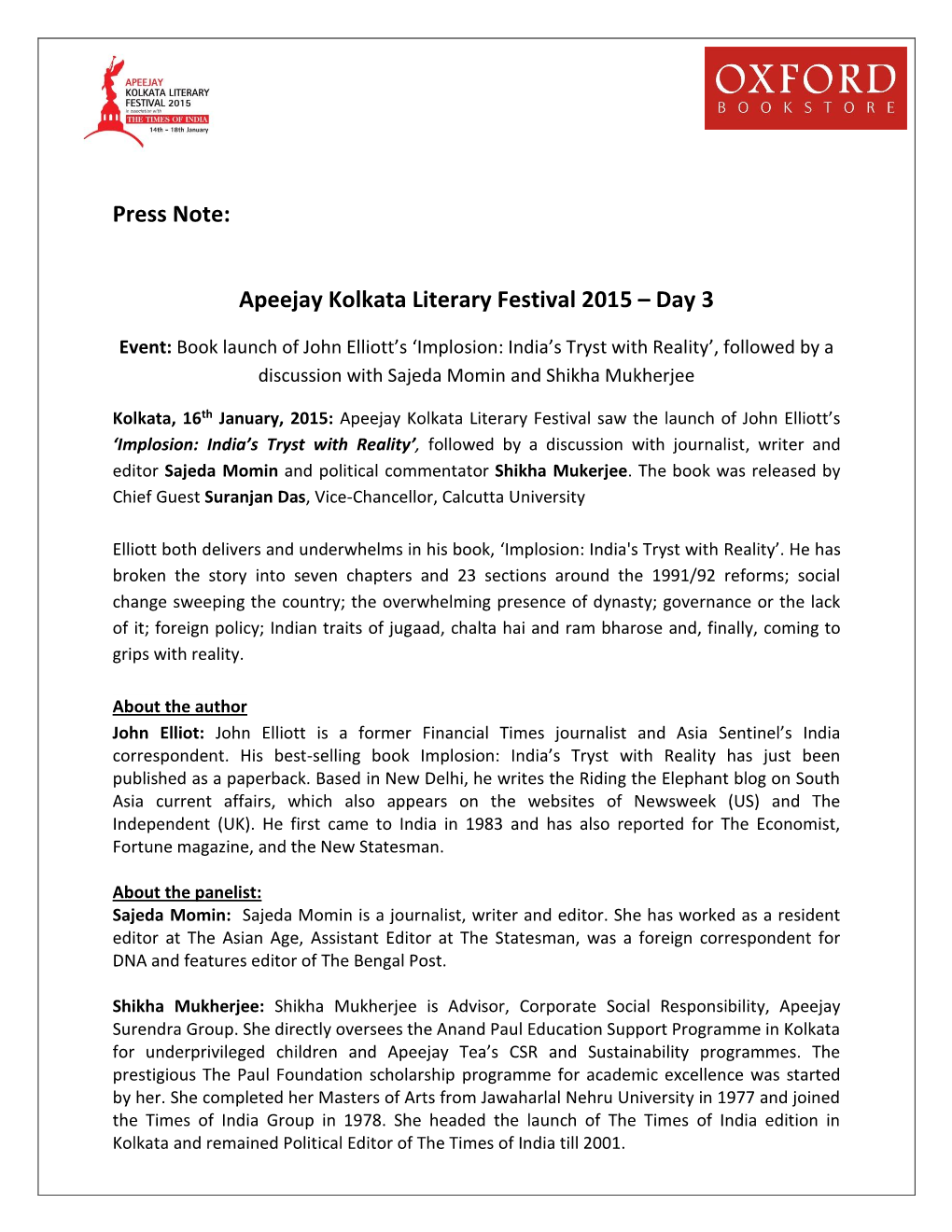 Press Note: Apeejay Kolkata Literary Festival 2015 – Day 3