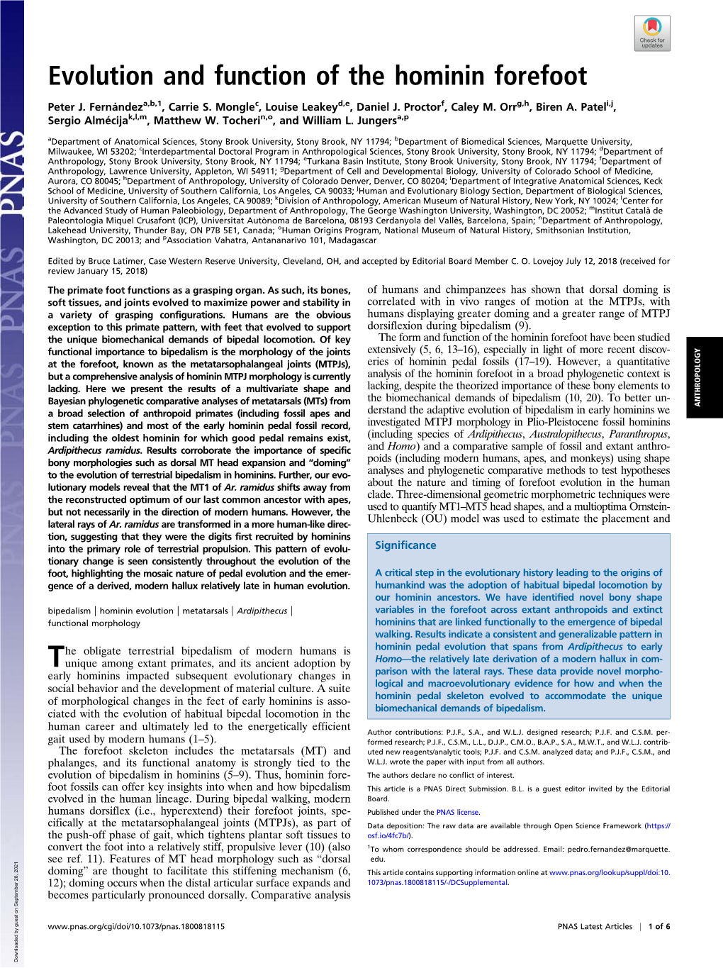 Evolution and Function of the Hominin Forefoot