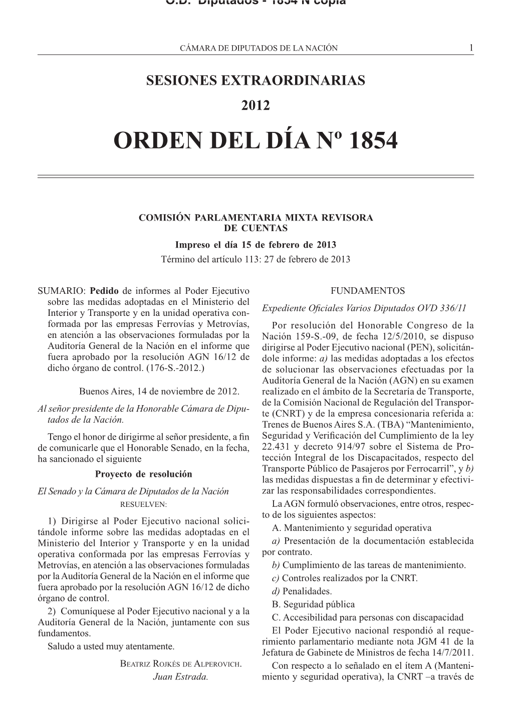 Orden Del Día Nº 1854