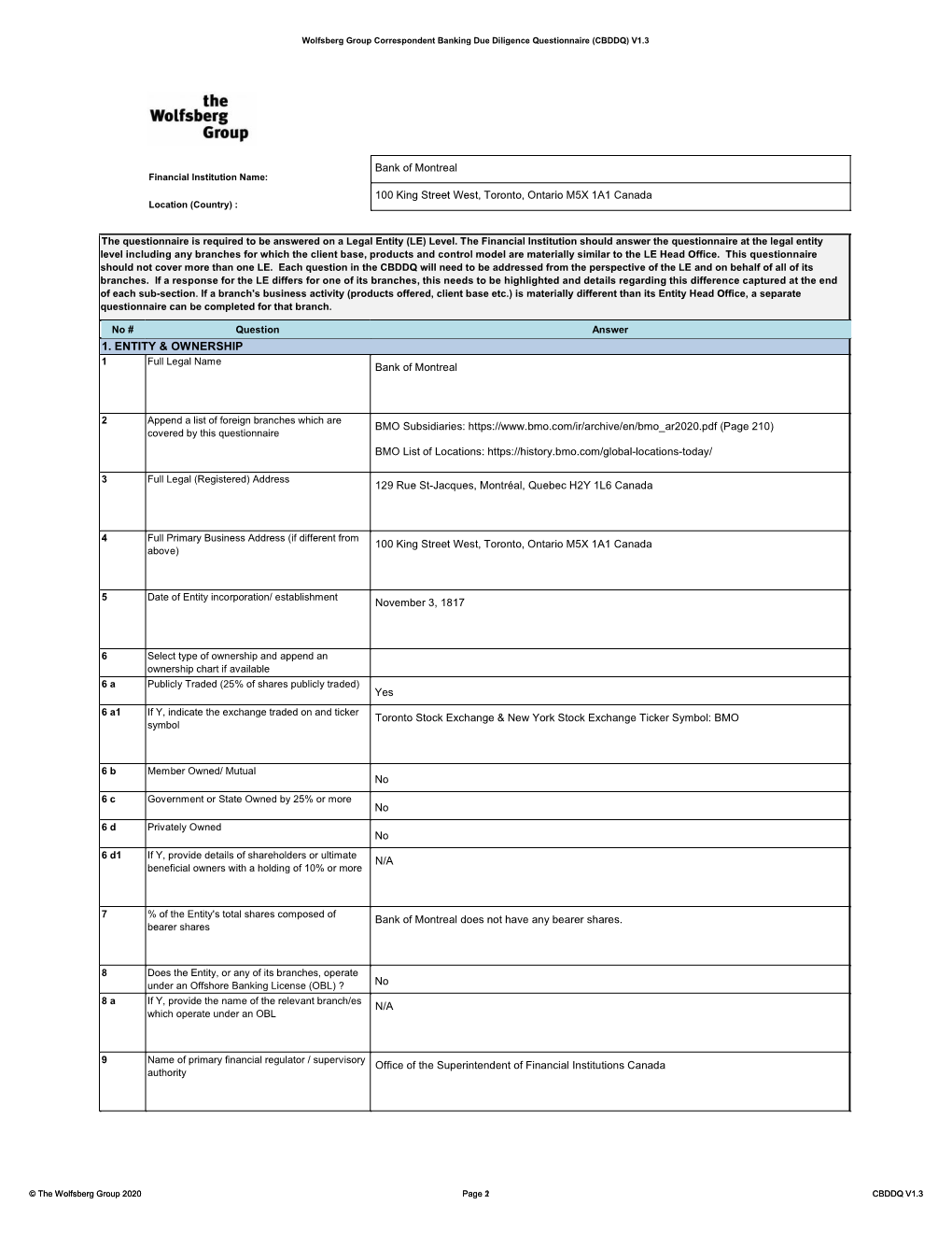Wolfsberg Group Correspondent Banking Due Diligence Questionnaire (CBDDQ) V1.3