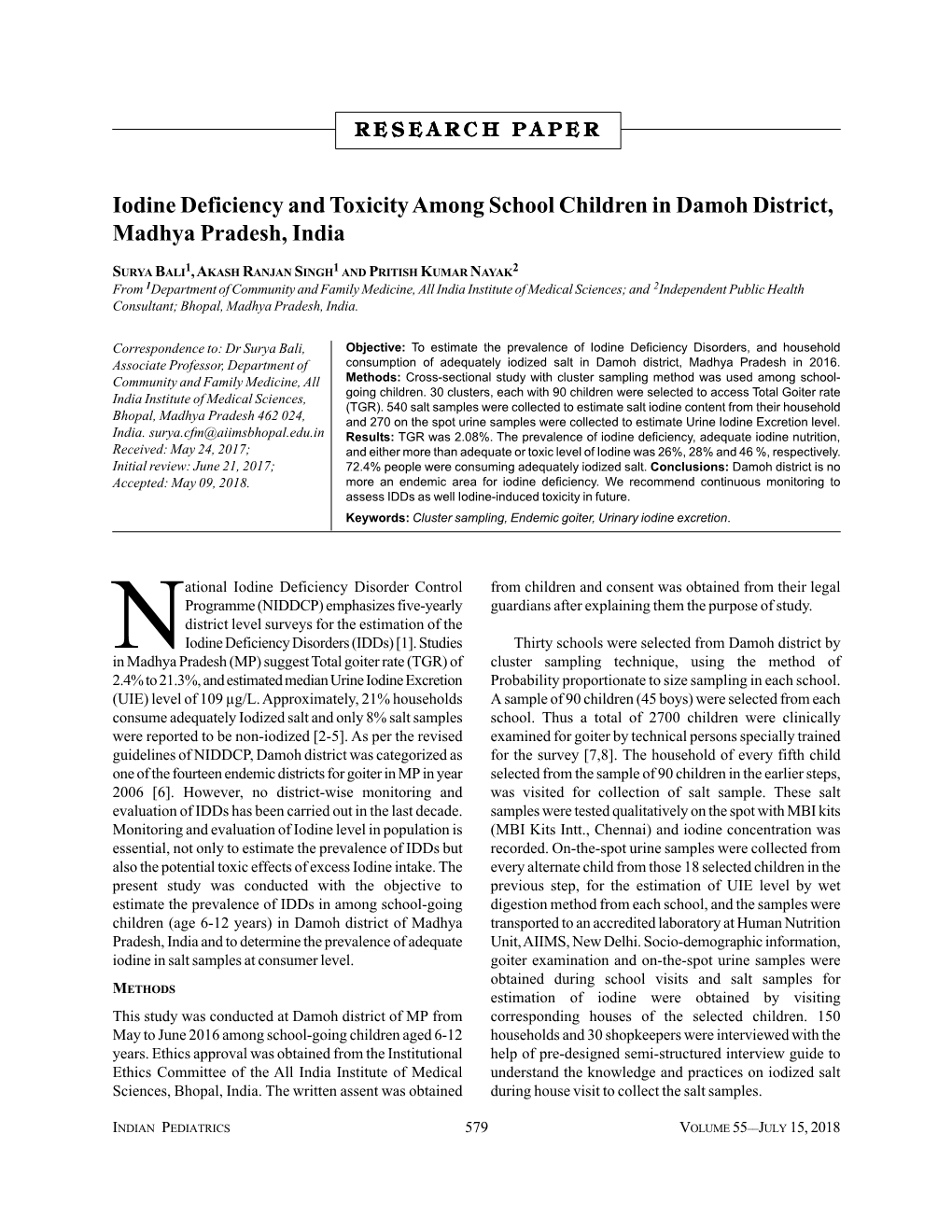 Iodine Deficiency and Toxicity Among School Children in Damoh District, Madhya Pradesh, India