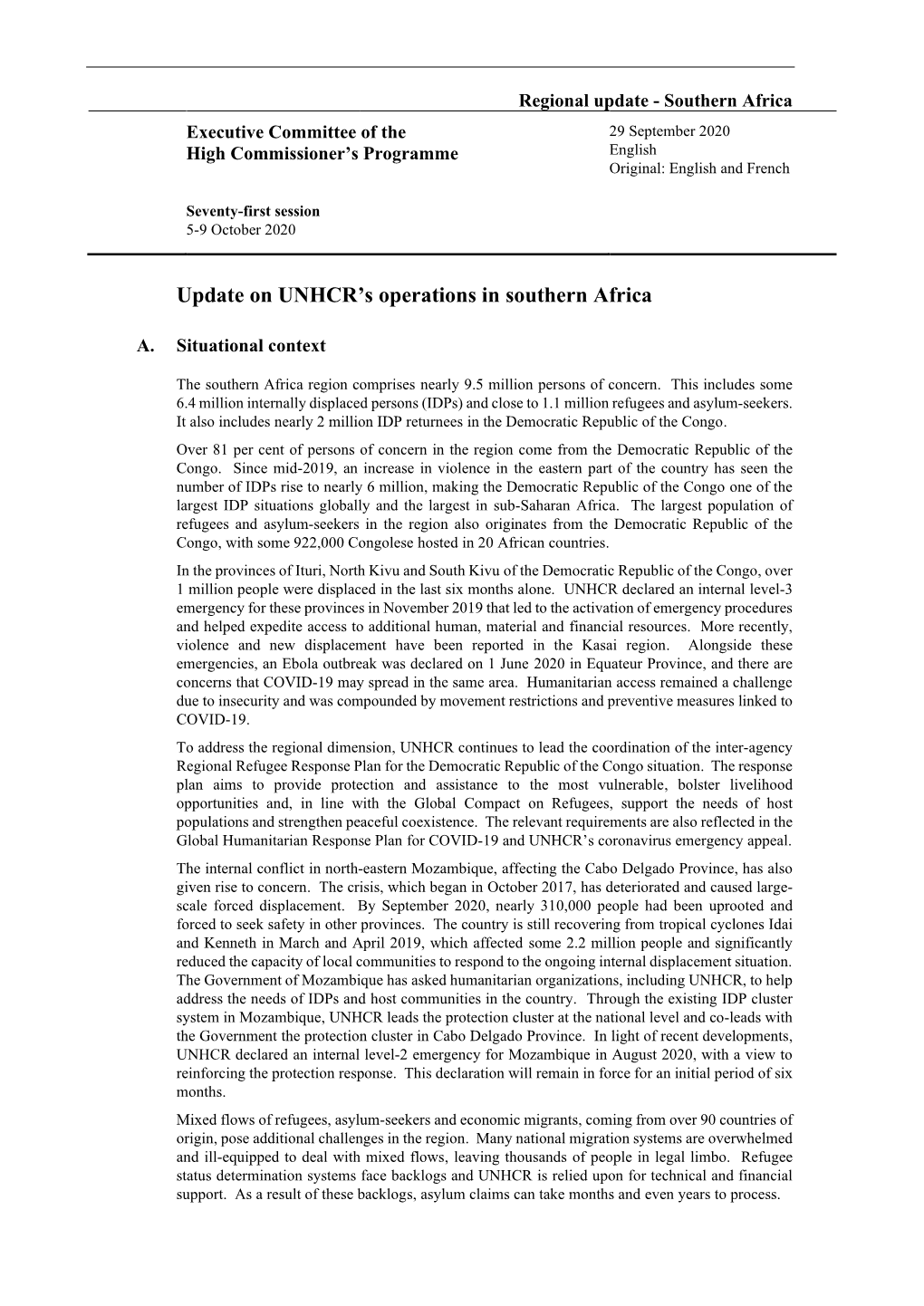 Update on UNHCR's Operations in Southern Africa