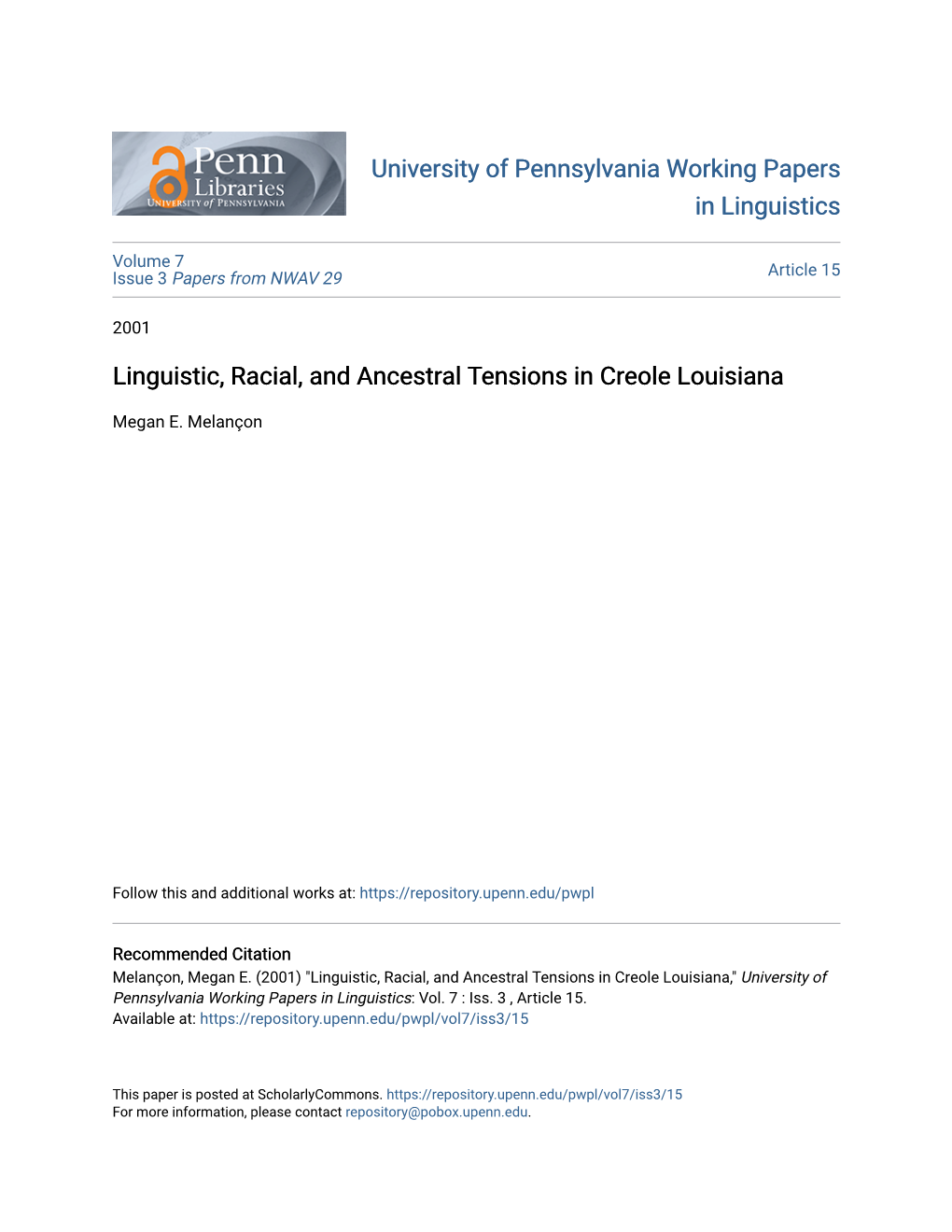 Linguistic, Racial, and Ancestral Tensions in Creole Louisiana