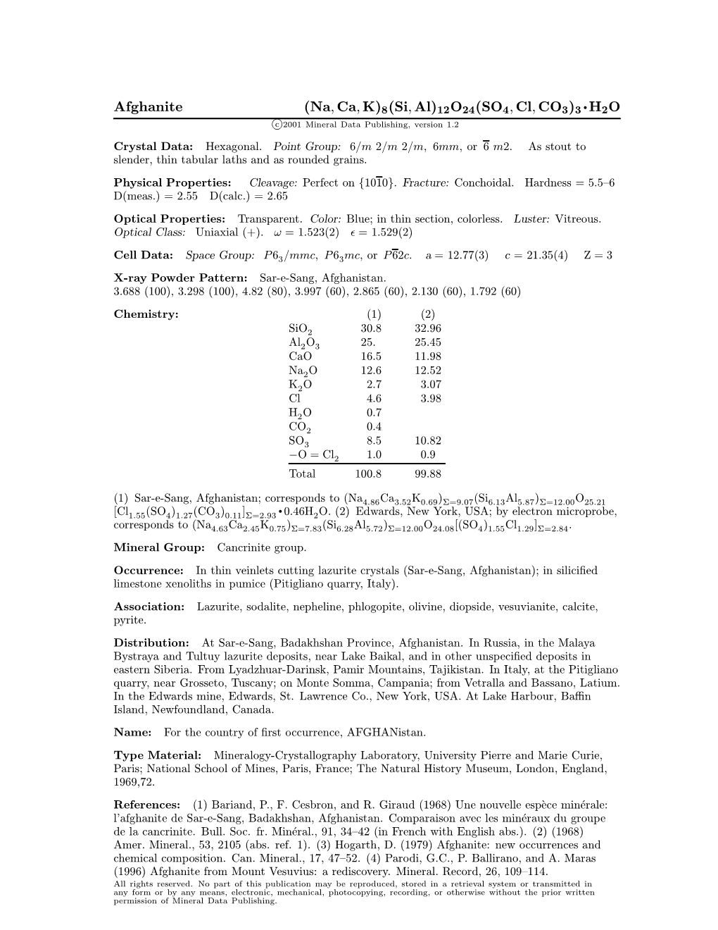 Afghanite (Na; Ca; K)8(Si; Al)12O24(SO4; Cl; CO3)3 ² H2O C 2001 Mineral Data Publishing, Version 1.2 ° Crystal Data: Hexagonal
