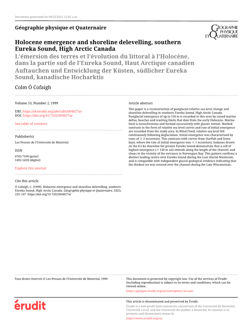 Holocene Emergence and Shoreline Delevelling, Southern Eureka Sound