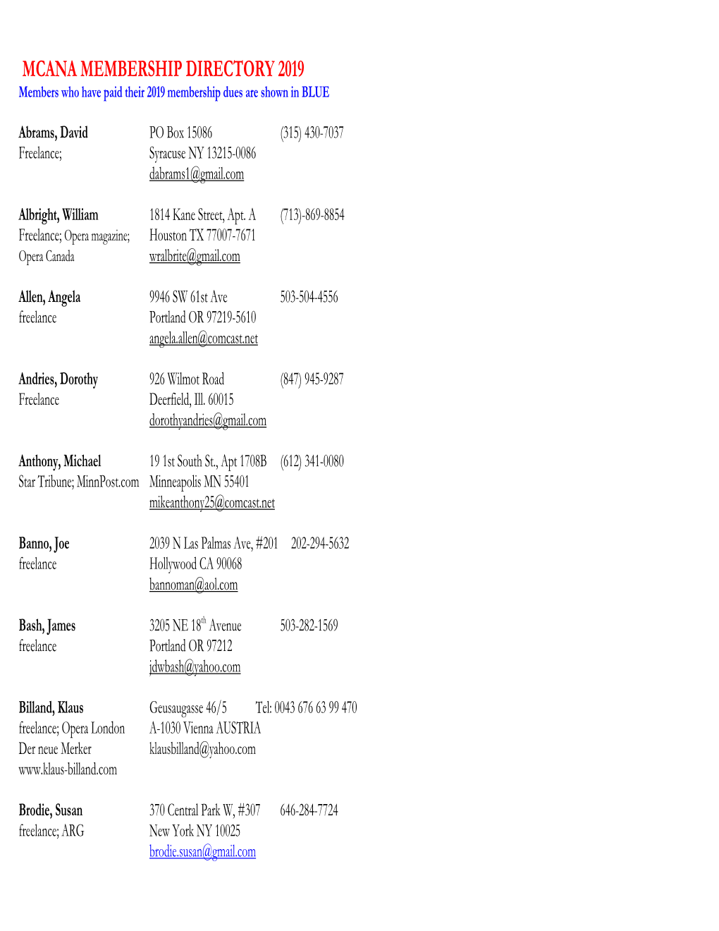 MCANA MEMBERSHIP DIRECTORY 2019 Members Who Have Paid Their 2019 Membership Dues Are Shown in BLUE