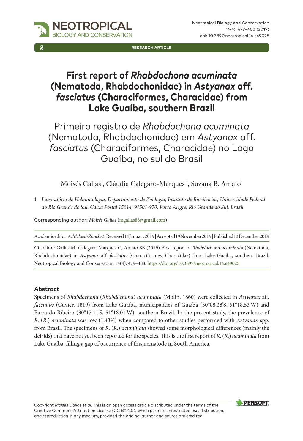 ﻿First Report of Rhabdochona Acuminata (Nematoda
