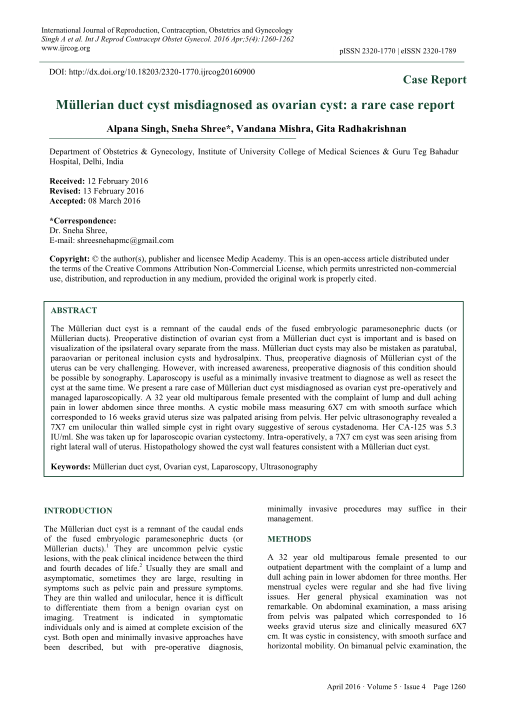 Müllerian Duct Cyst Misdiagnosed As Ovarian Cyst: a Rare Case Report