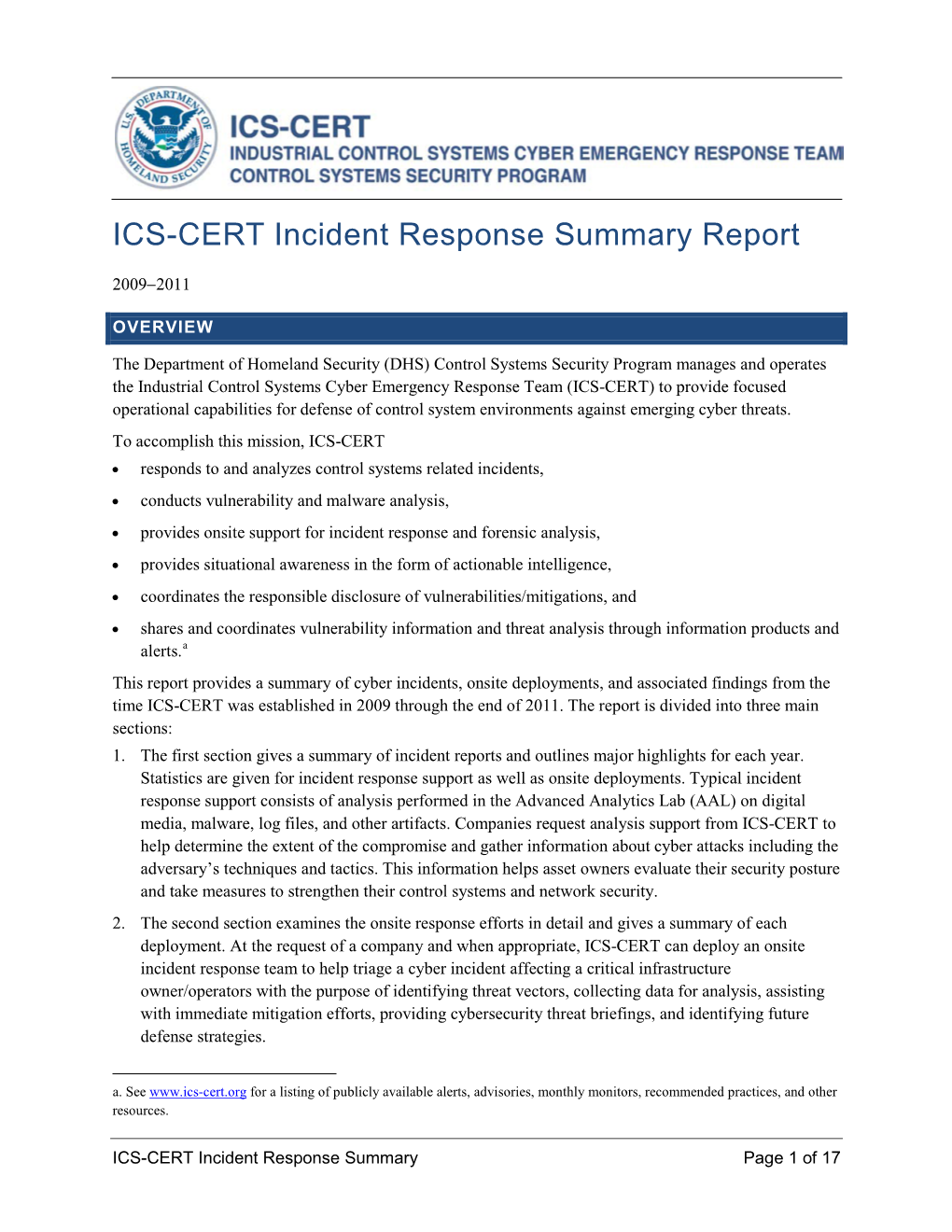 ICS-CERT Incident Response Summary Report (2009-2011)