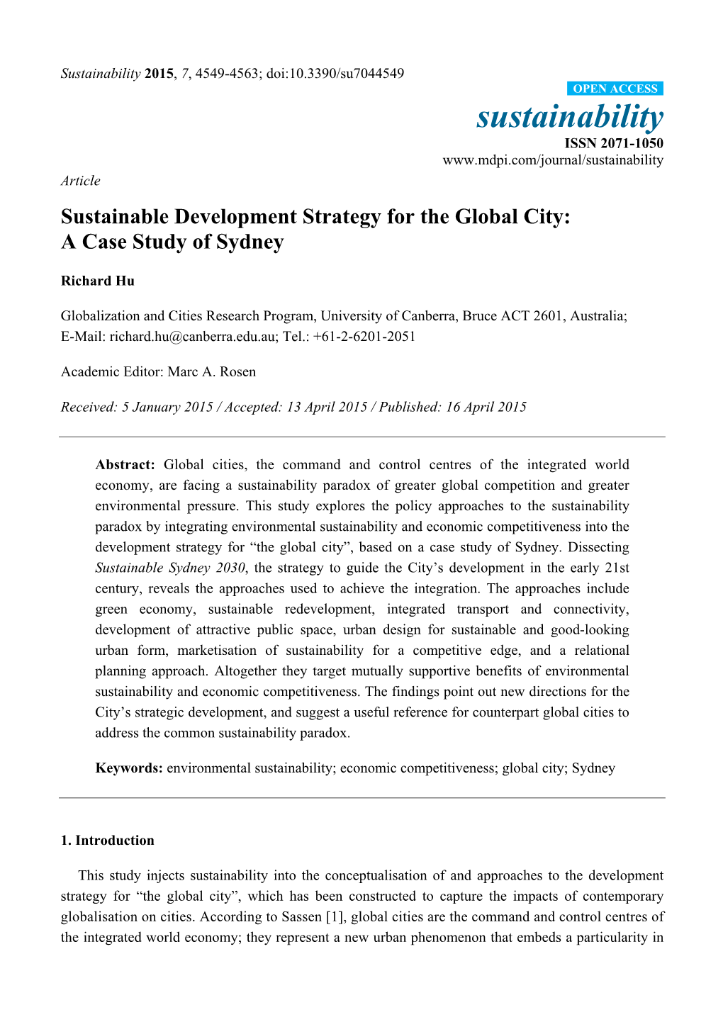 Sustainable Development Strategy for the Global City: a Case Study of Sydney