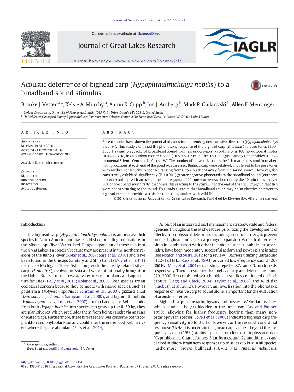 Acoustic Deterrence of Bighead Carp to a Broadband Sound