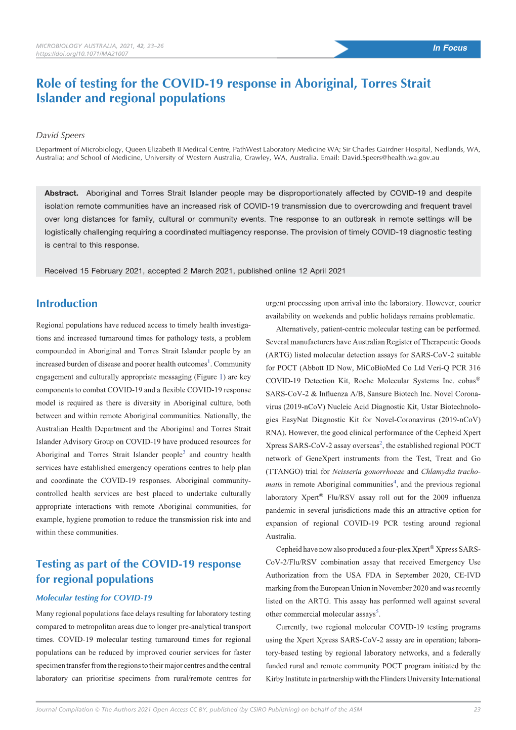 Role of Testing for the COVID-19 Response in Aboriginal, Torres Strait Islander and Regional Populations