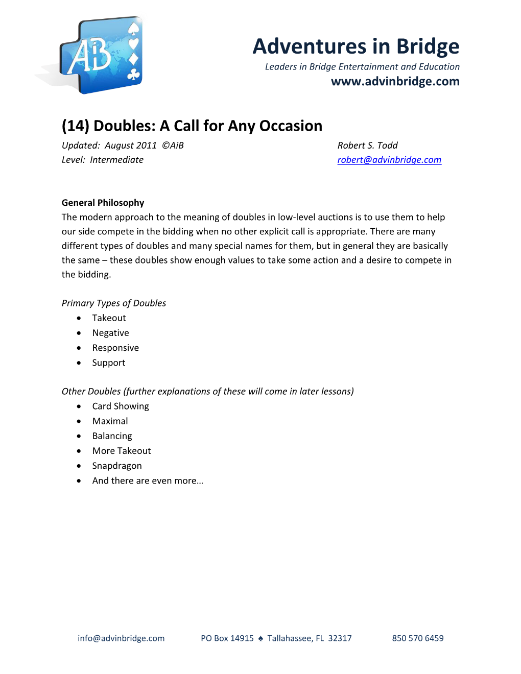 Doubles: a Call for Any Occasion Updated: August 2011 ©Aib Robert S