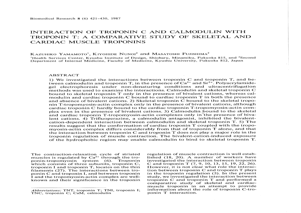 Interaction of Troponin C and Calmodulin Vvith Troponin T: a Comparative Study of Skeletal and Cardiac Muscle Troponins