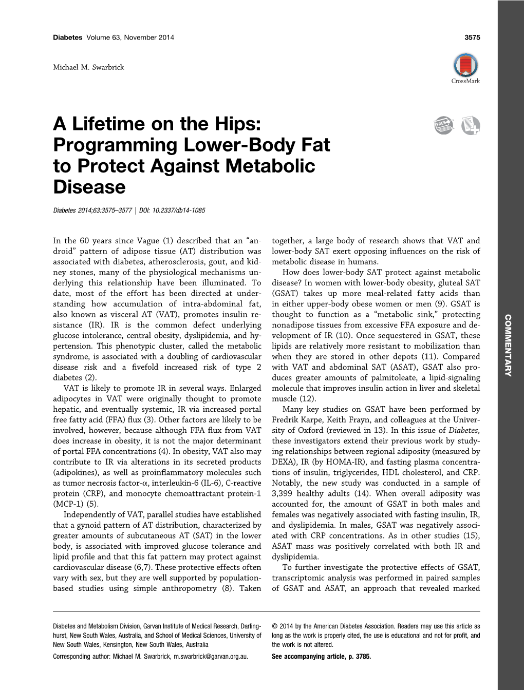 Programming Lower-Body Fat to Protect Against Metabolic Disease