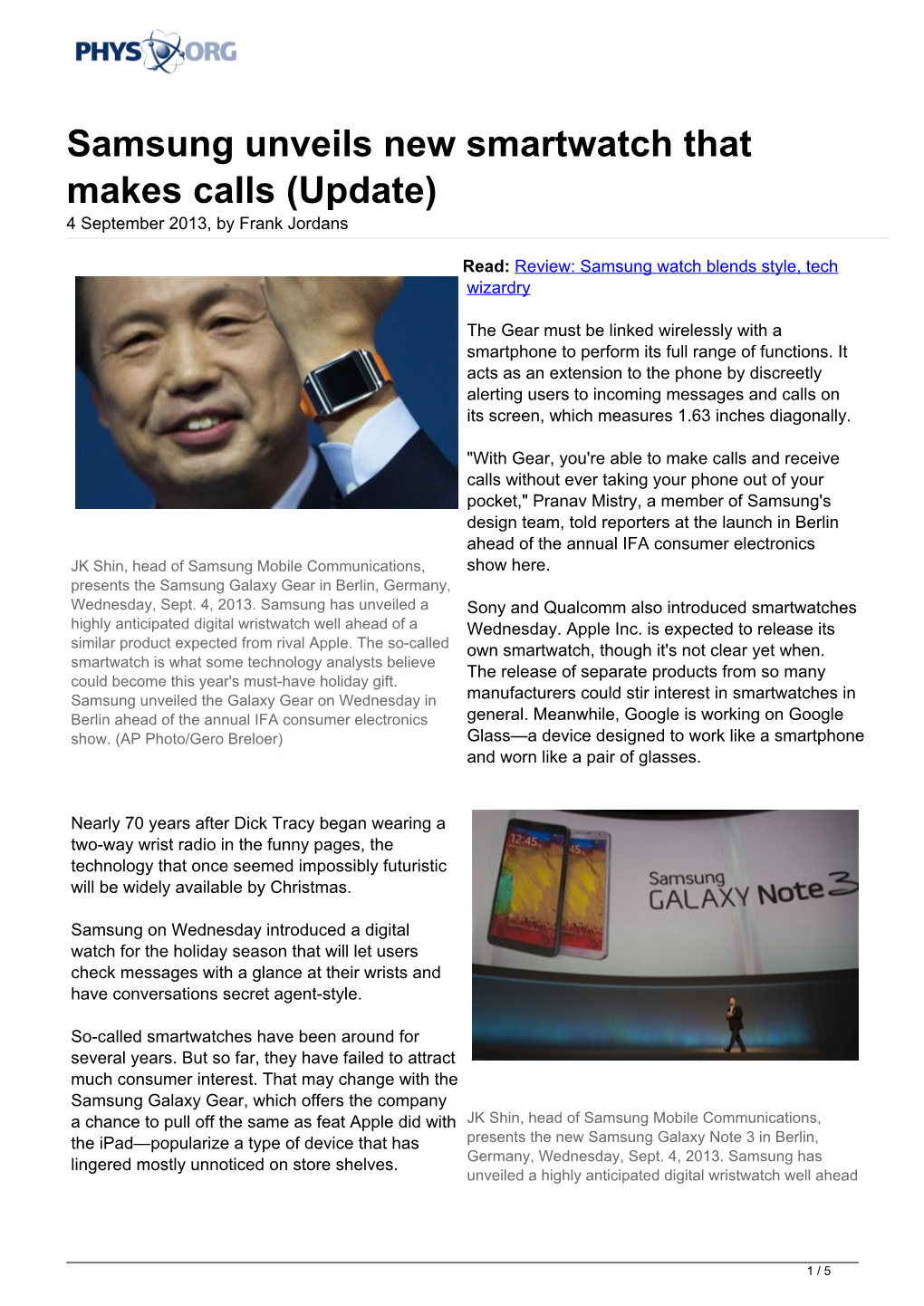 Samsung Unveils New Smartwatch That Makes Calls (Update) 4 September 2013, by Frank Jordans