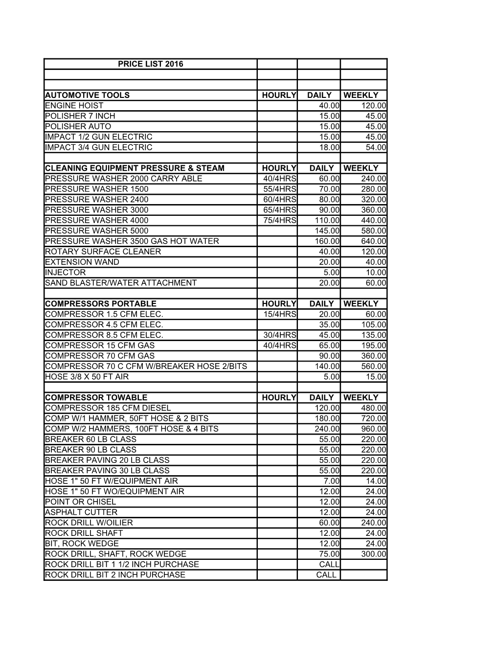 Price List 2016