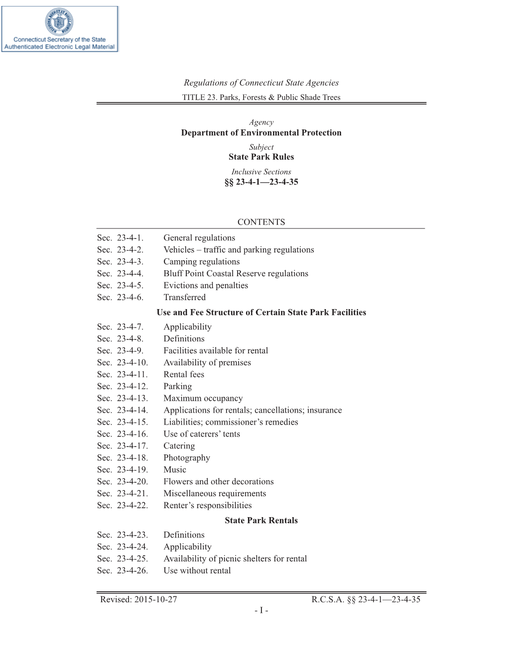 Department of Environmental Protection State Park Rules §§ 23-4