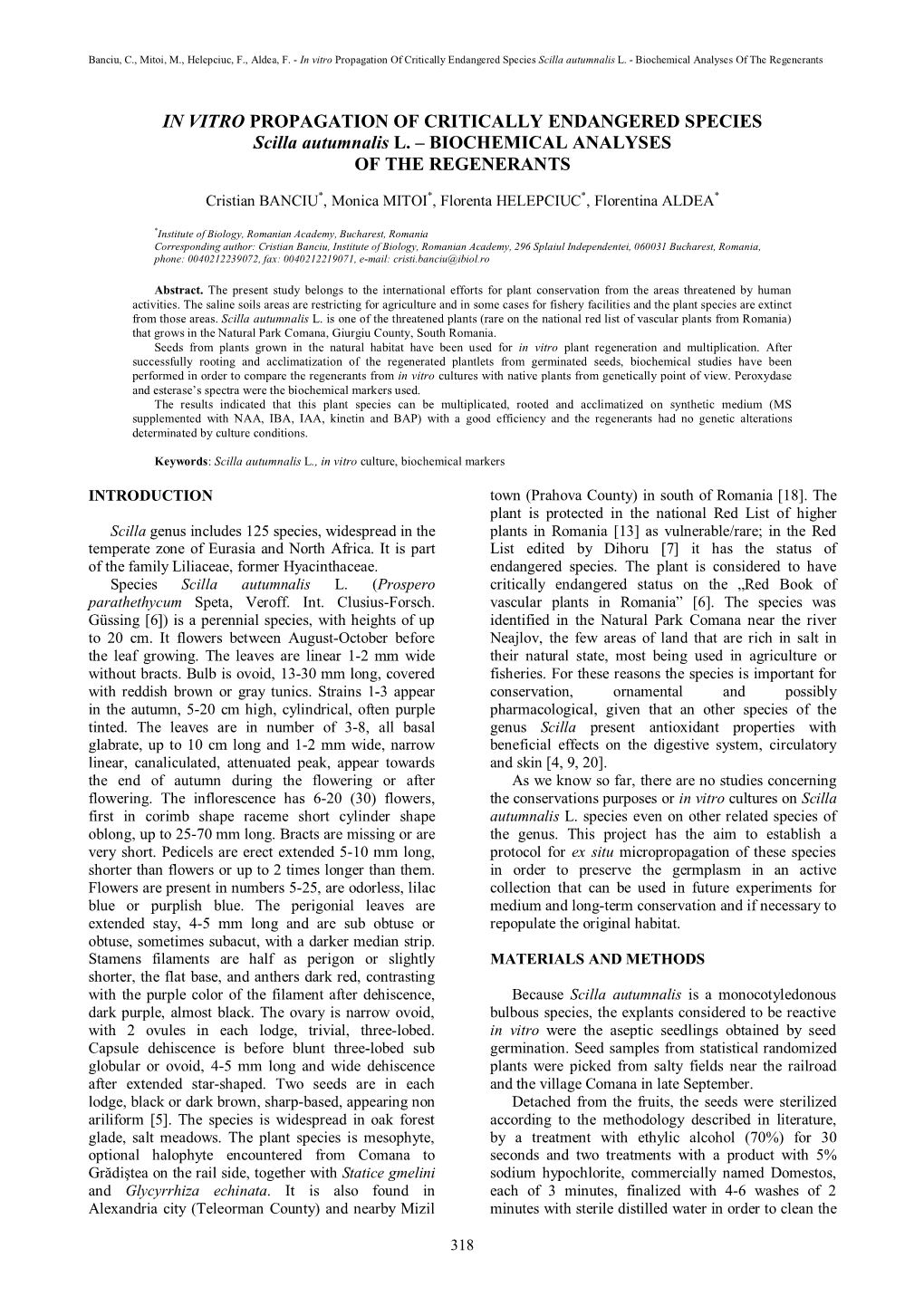 In Vitro Propagation of Critically Endangered Species Scilla Autumnalis L