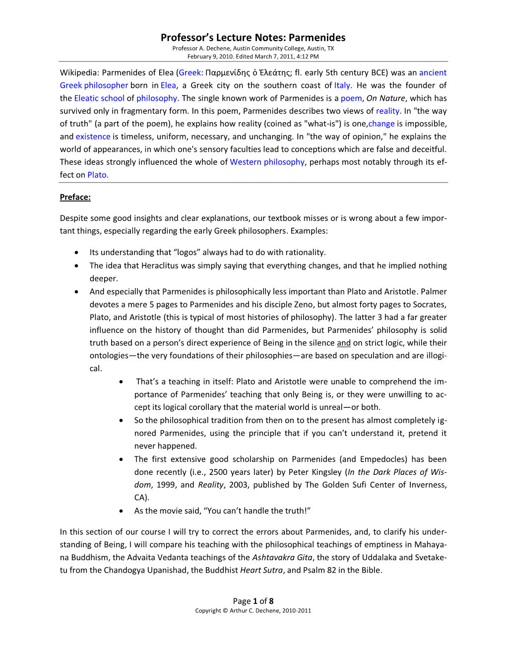 Professor's Lecture Notes: Parmenides