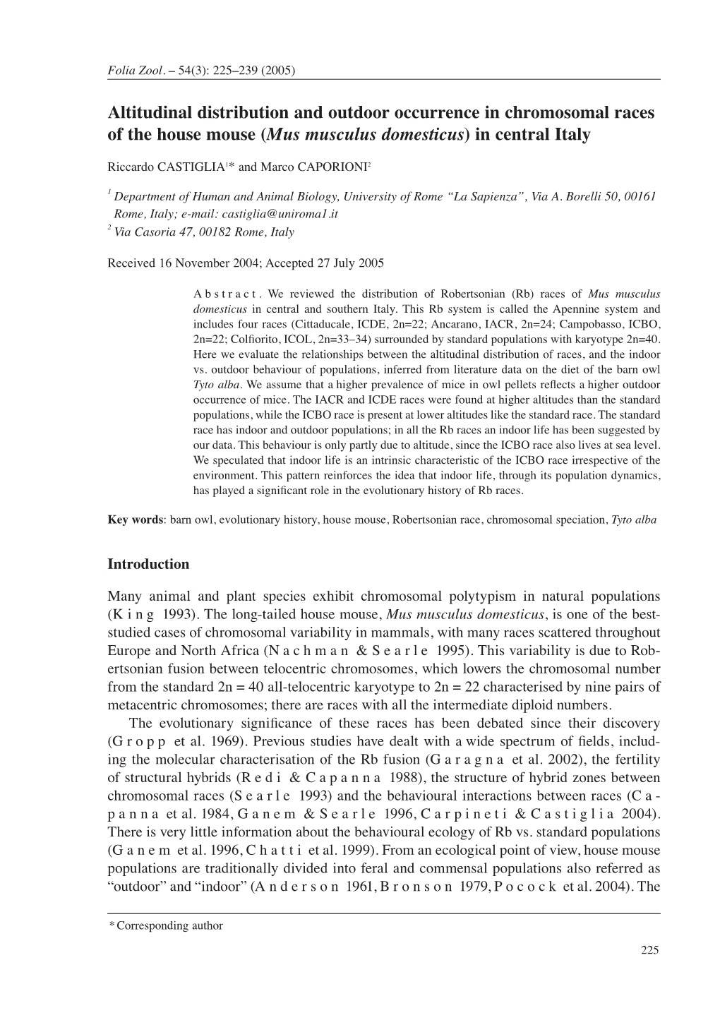 Altitudinal Distribution and Outdoor Occurrence in Chromosomal Races of the House Mouse (Mus Musculus Domesticus) in Central Italy